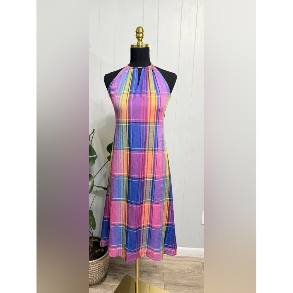 Ann Taylor Multicolor Plaid Halter Midi Dress Petite 00P NWT Summer Keyhole Tie